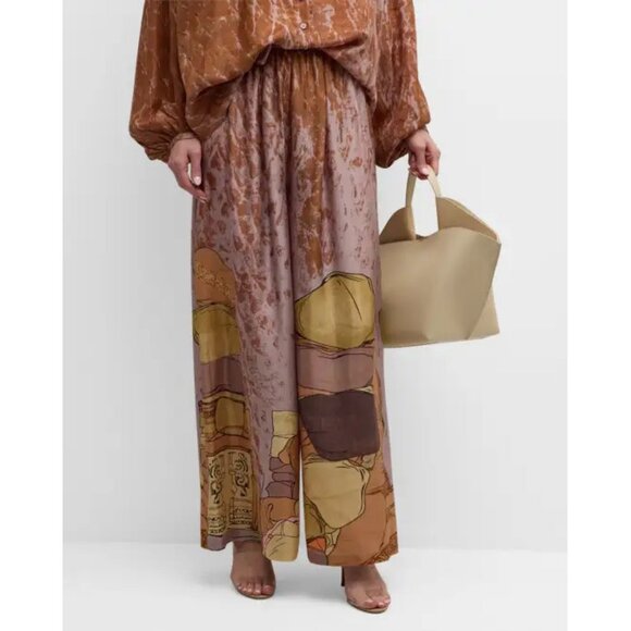 Mes Demoiselles abstract earthy stones print silk wide leg pants - Picture 6 of 10